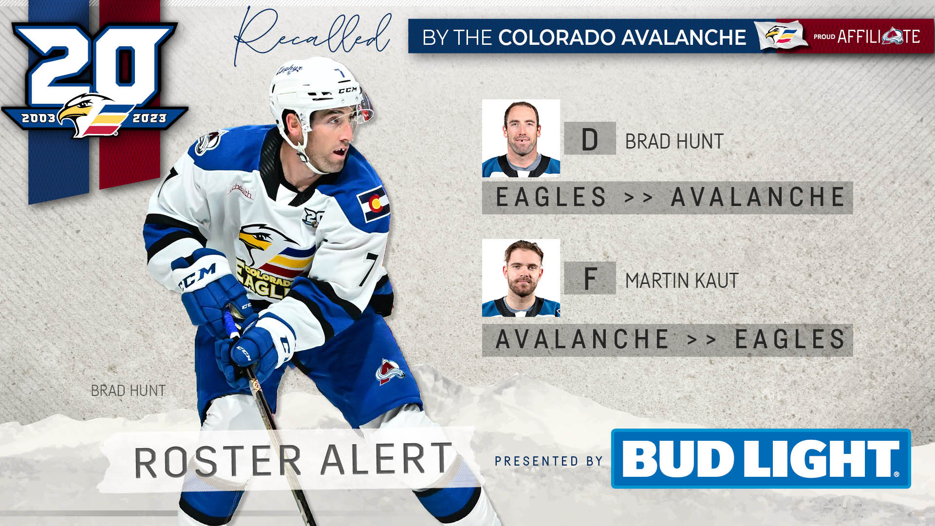 Avalanche Recalls Hunt, Kaut Reassigned Colorado Eagles